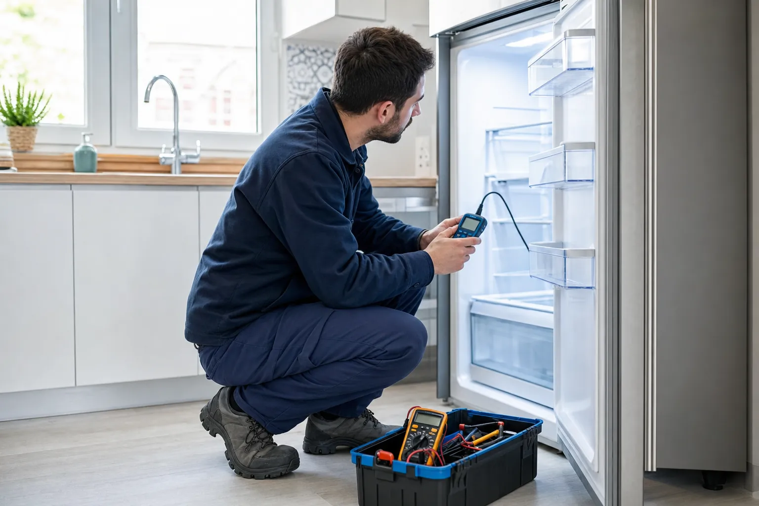 Técnico comprobando con un termómetro la temperatura de un frigorífico combi que no enfría en una cocina de Madrid